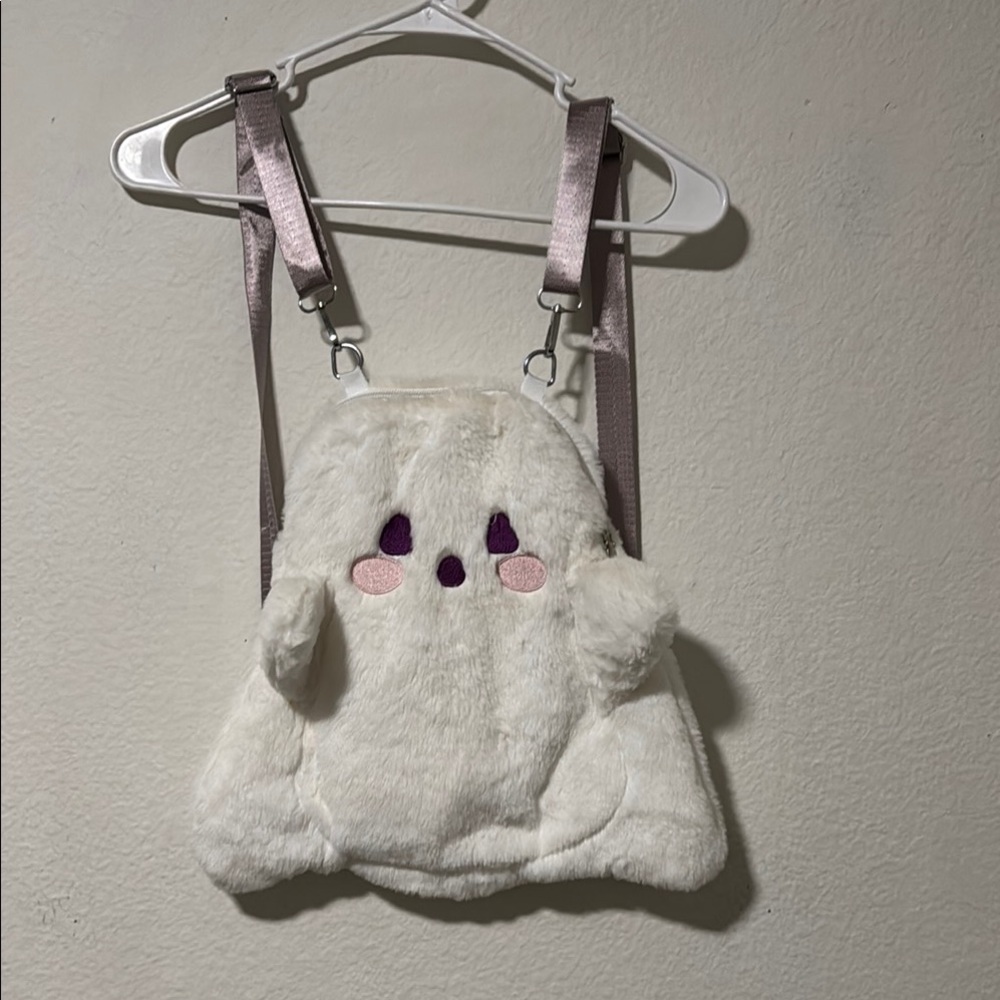 Adorable White Plush Kids Backpack with Pink and Purple Details